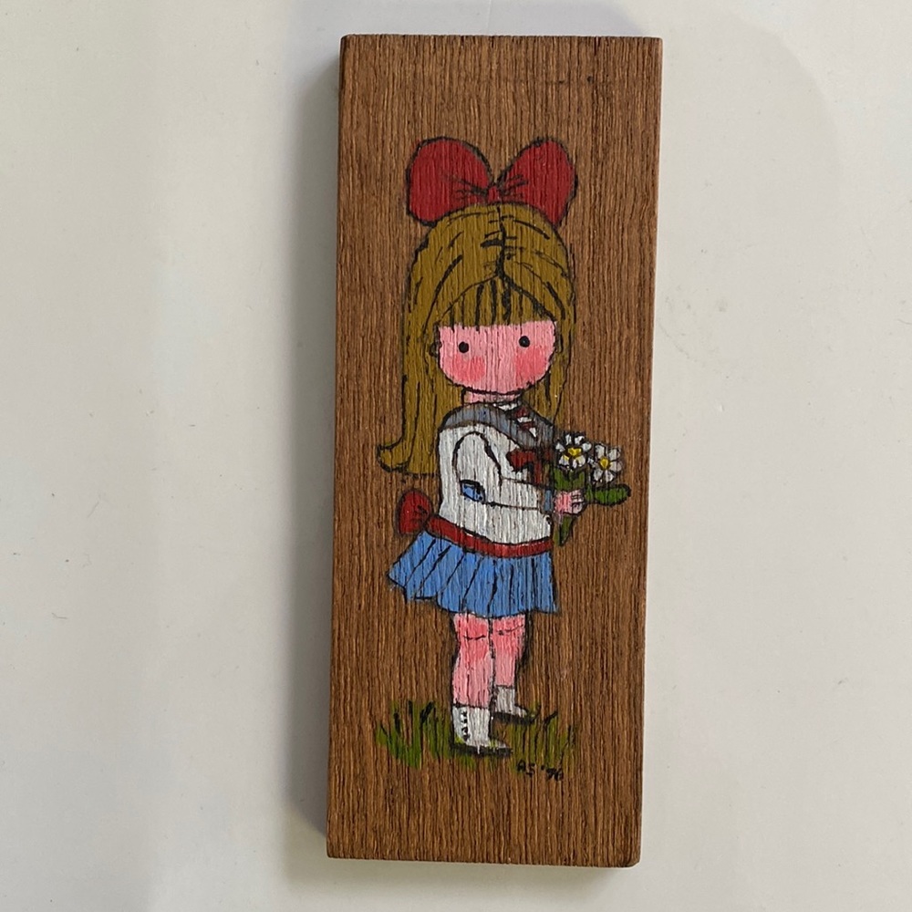 Joan Walsh Anglund Vintage hand painted wooden plaque 1970s